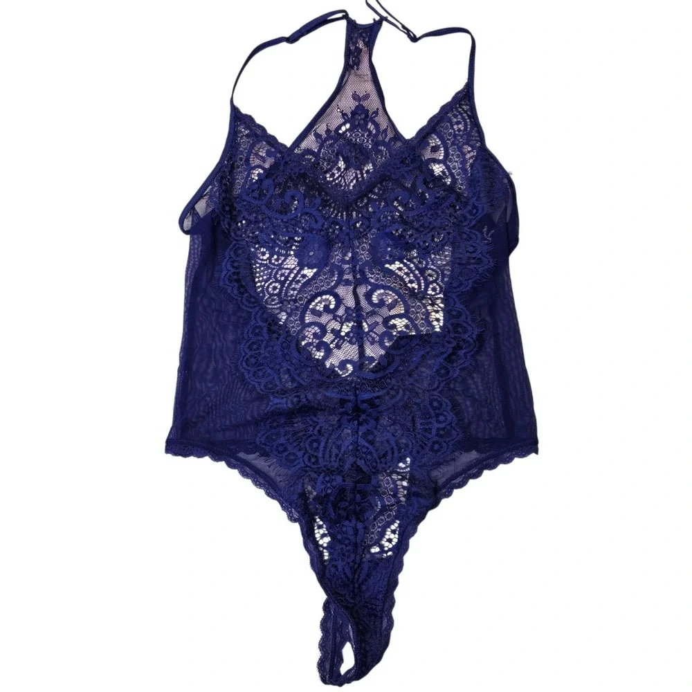 In Bloom by Jonquil Lace Teddy Bodysuit Small NWT Navy Blue Mesh Thong Lingerie